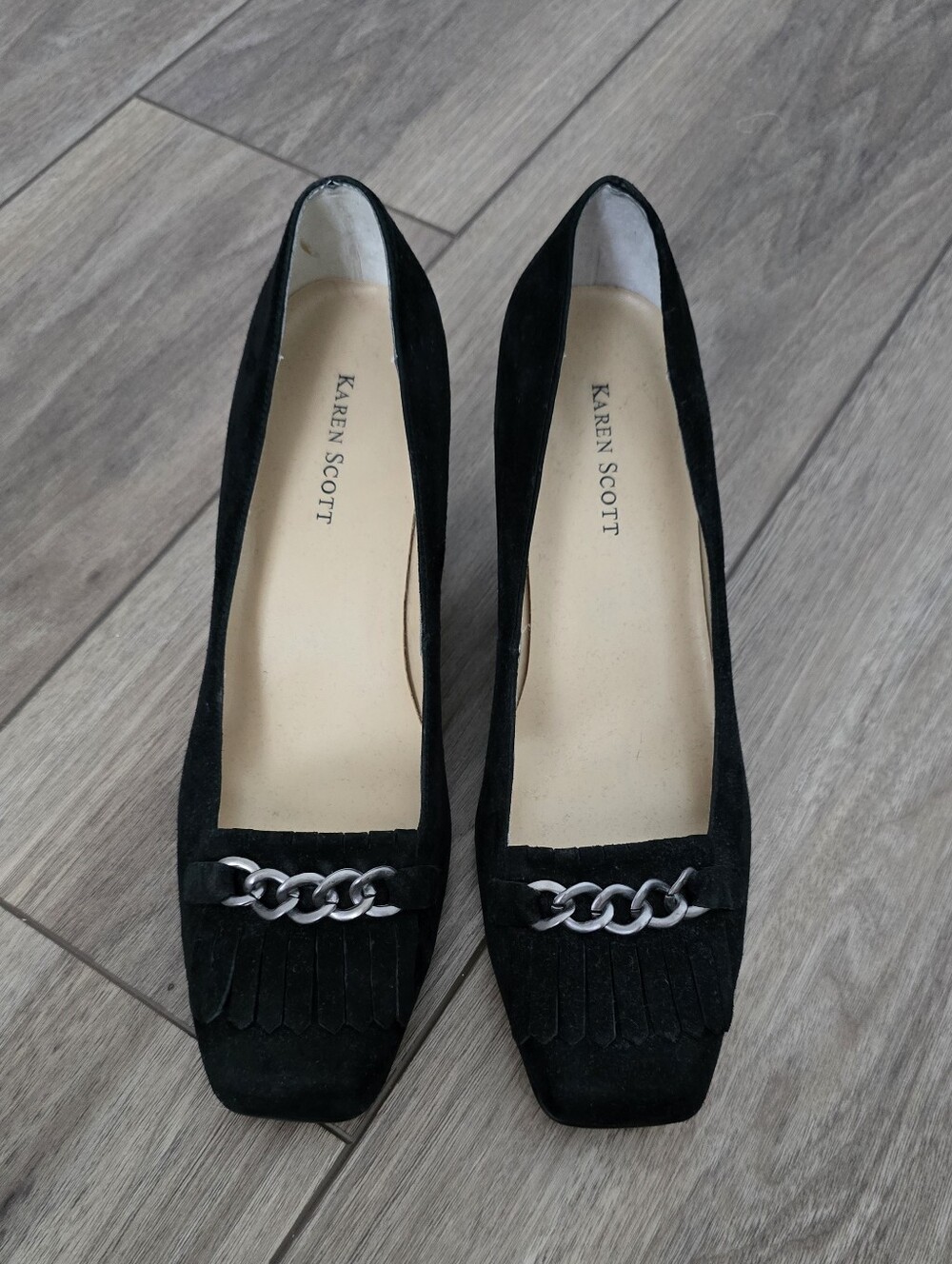 Karen Scott Black Suede Loafers with Silver Chain Accent